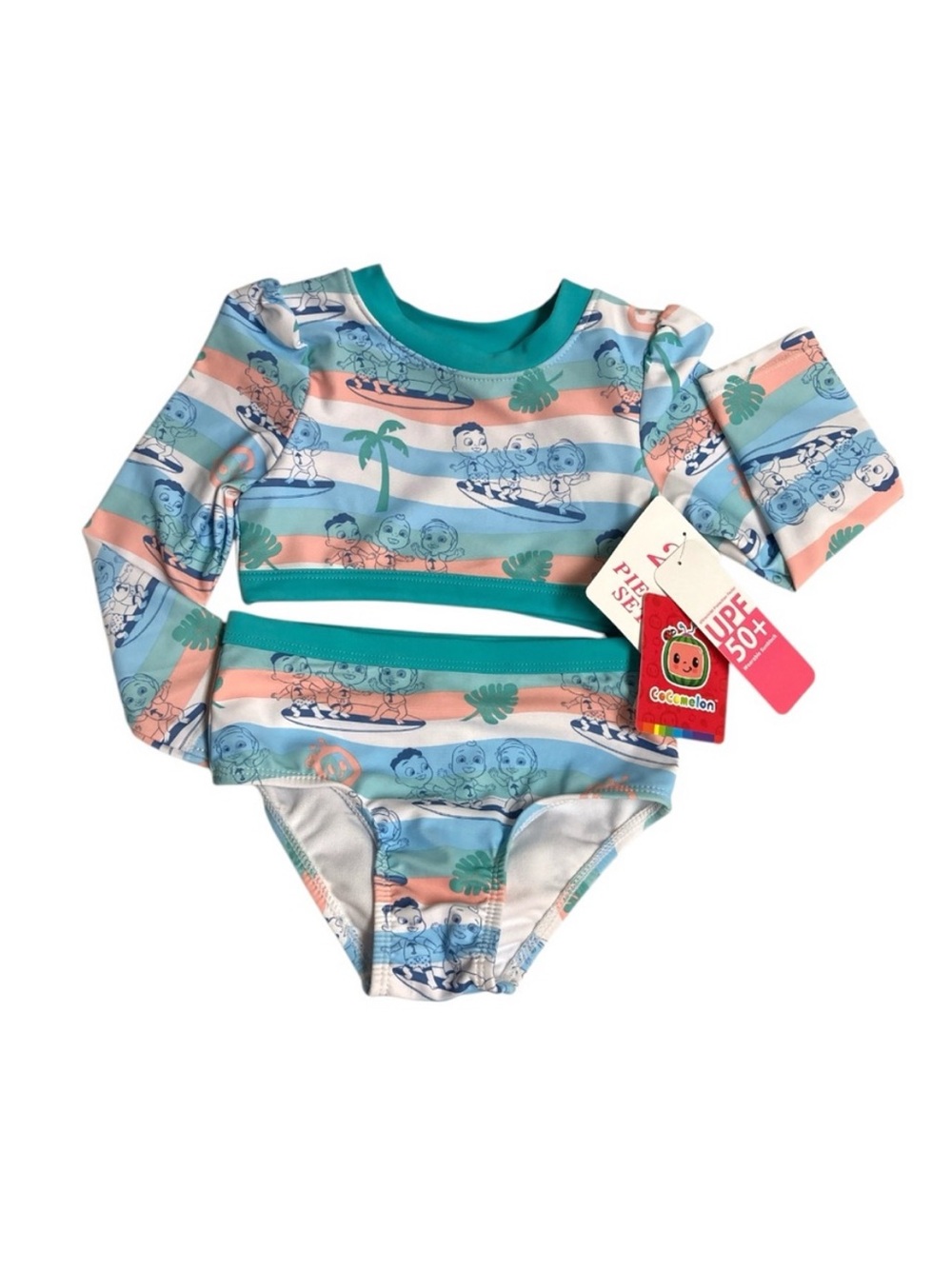 CoComelon' Long-Sleeve Swim Rashguard Character Set in Aqua & Coral Stripe - Picture 11 of 16